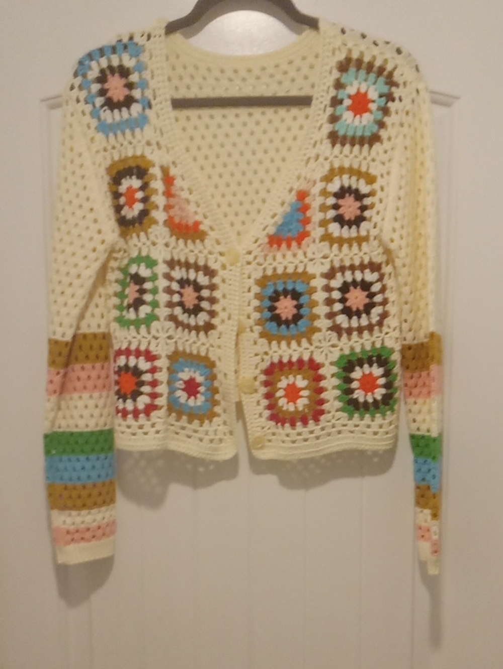 Crochet Patchwork V-Neck Cardigan Sweater - Cream with Multicolor Squares
